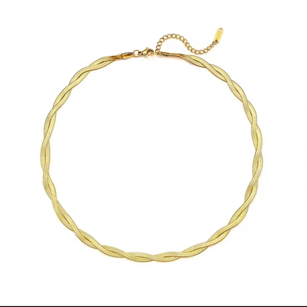 Braided New Herringbone Necklace Bracelet
 Gold 18K plated Set Stainless Steel - Picture 5 of 15